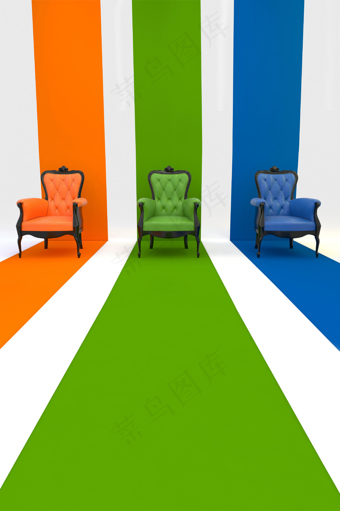 橙绿蓝三色与椅子影楼摄影背景图片