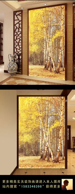 金色铺满树叶的秋林油画玄关