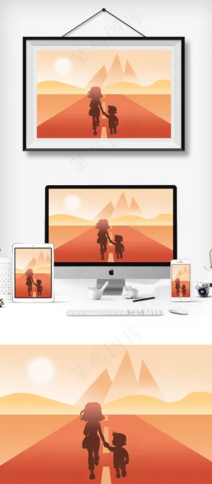 手绘夕阳下母子牵手渐变插画