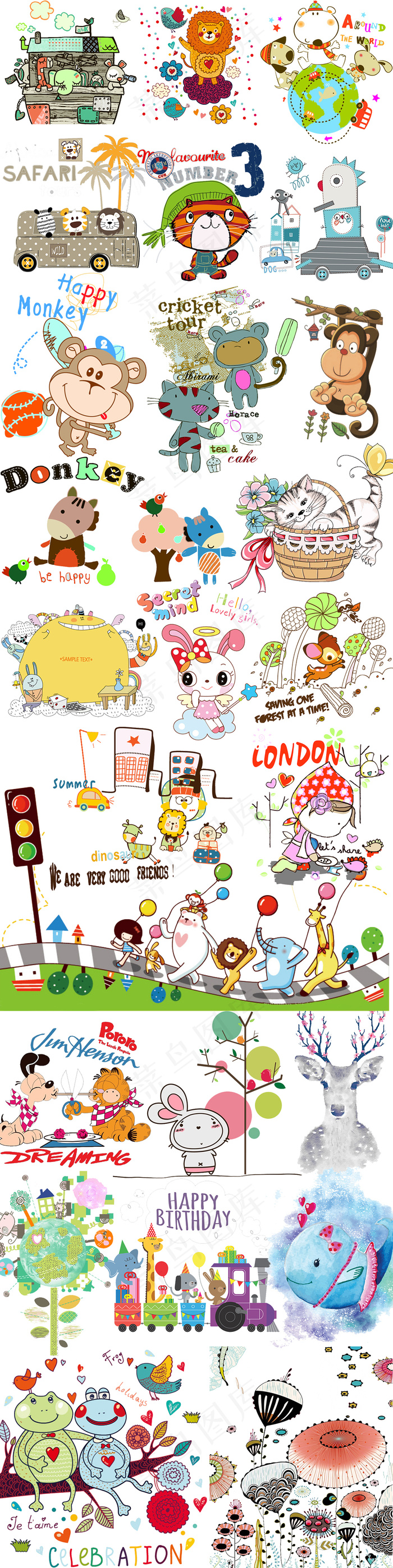 卡通动物插画矢量素材手绘动物png...(1024X4090(DPI:72))psd模版下载