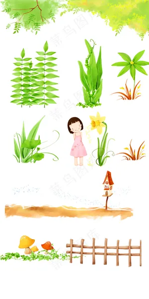 唯美水彩树藤花卉花纹图案