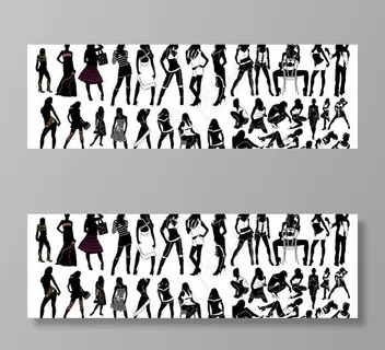 各种时尚女性穿着不同的服装剪影矢量...