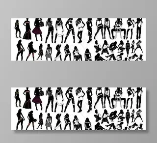 各种时尚女性穿着不同的服装剪影矢量...