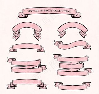 8款粉色复古丝带条幅矢量素材