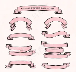 8款粉色复古丝带条幅矢量素材