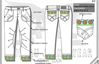 牛仔裤设计手稿 造型收省袋口花边图...