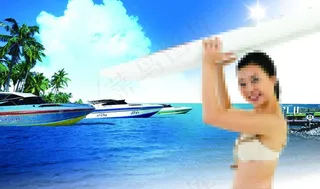 海 椰子树 船 美女图片