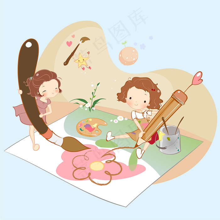 两个画画的小女孩 AI矢量CMYK