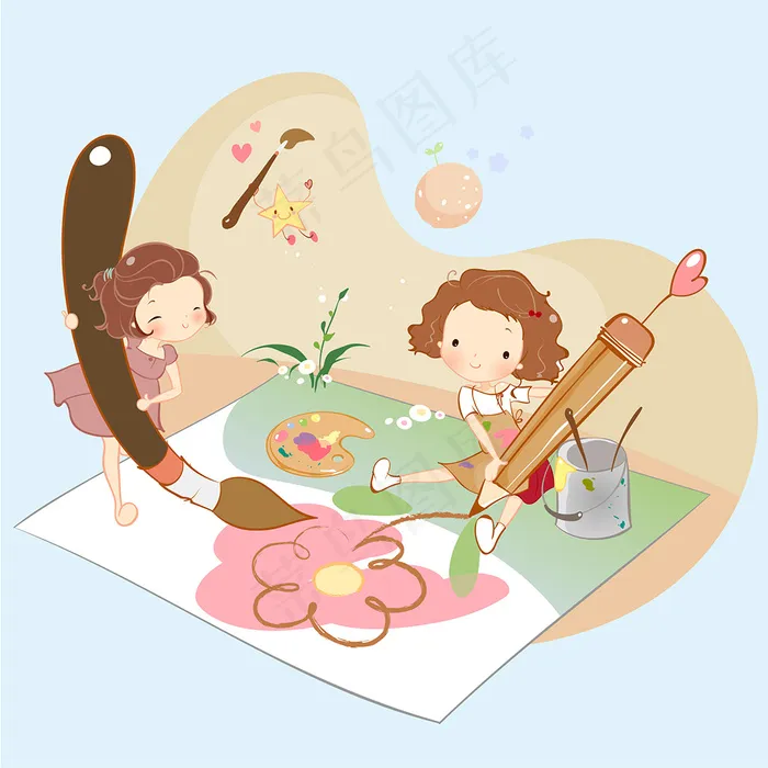 两个画画的小女孩 AI矢量CMYK