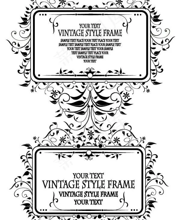 2个美丽的黑色和白色的植物花纹边框...eps,ai矢量模版下载