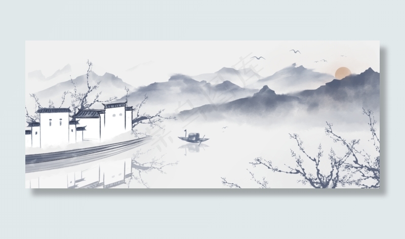 中国风手绘水墨风景山水徽派建筑(300 dpi)