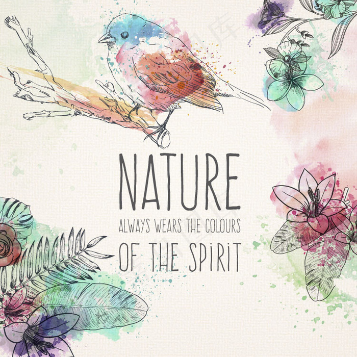 小清新手绘水彩花朵花环海报模板矢量...