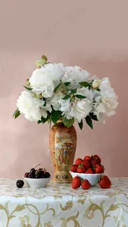 餐桌上的花与草莓高清摄影图片 餐桌上的花与草莓高清摄影图片