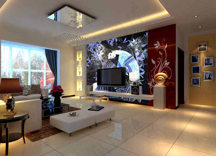 手绘美女背景墙 客厅图片