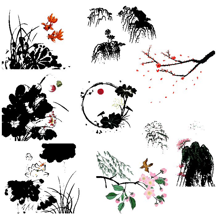 免扣 中国风 水墨画 花 山水 