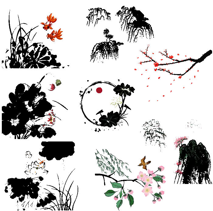 免扣 中国风 水墨画 花 山水 