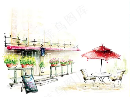 手绘城市风景画 卡通壁纸素材