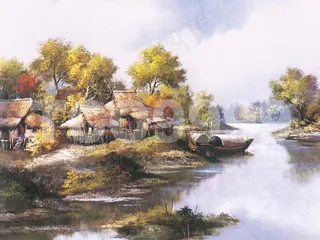 油画 手绘油画 湖边风光(26x2...