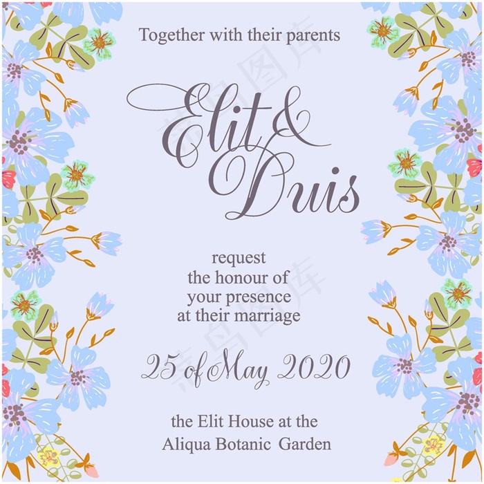蓝色花朵婚礼邀请卡矢量素材