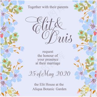 蓝色花朵婚礼邀请卡矢量素材