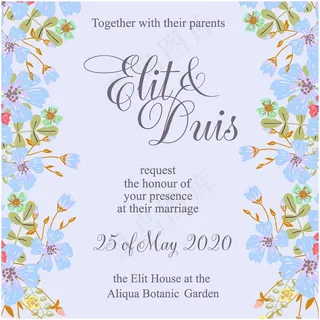 蓝色花朵婚礼邀请卡矢量素材