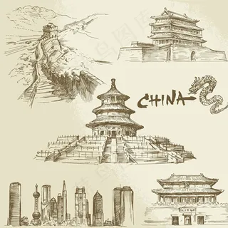 手绘传统建筑图片