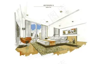 手绘卧室装修效果图矢量图