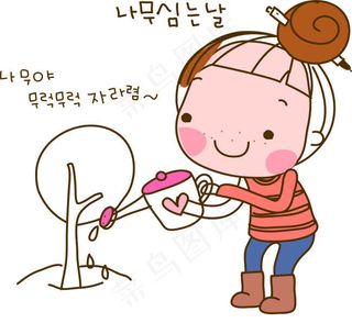 卡通浇树小女孩矢量素材