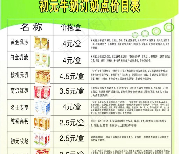 牛奶价目表图片cdr矢量模版下载