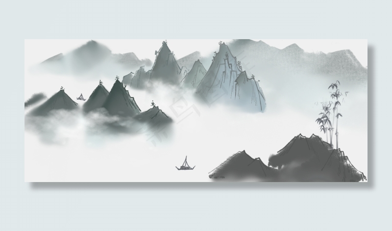 手绘国画水墨山水中国风古风小船,免抠元素