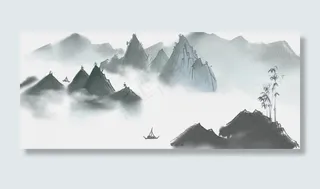 手绘国画水墨山水中国风古风小船,免抠元素