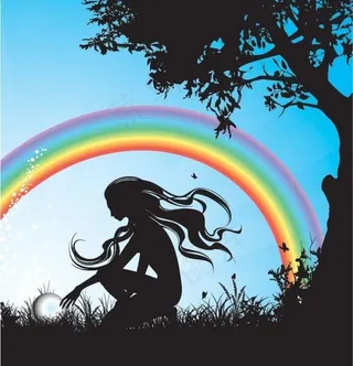 长头发在草地上美雨剪影矢量素材后