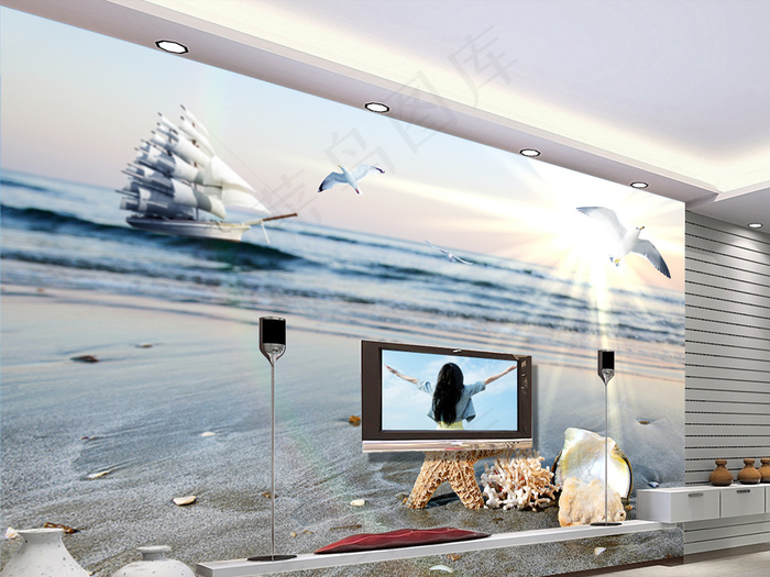 唯美海景海鸥帆船背景墙装饰画