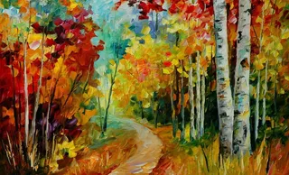 油画 秋天的桦树图片
