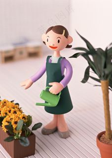 浇花的卡通女孩图片