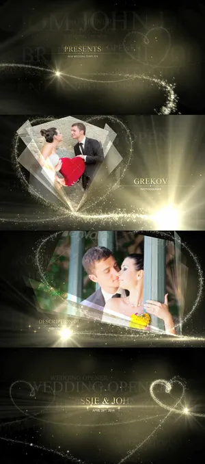 华丽粒子光束勾勒爱心浪漫婚礼相册视...