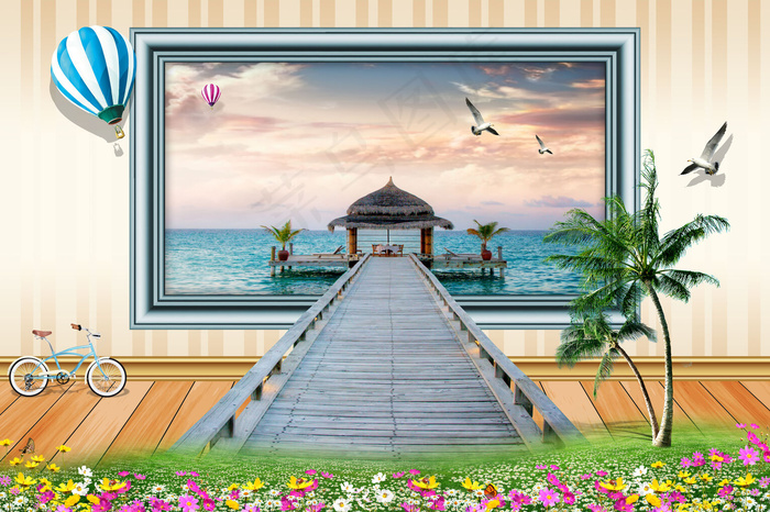 3D立体海景背景墙