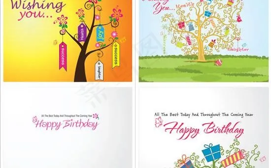 卡通礼物树生日贺卡矢量素材eps,ai矢量模版下载