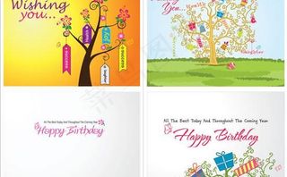 卡通礼物树生日贺卡矢量素材