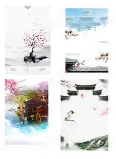 中国古风水墨水彩古典建筑海报背景元...