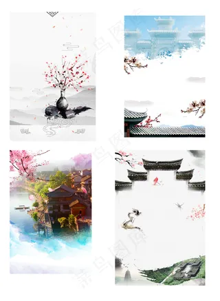 中国古风水墨水彩古典建筑海报背景元...