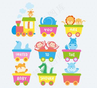 动物火车迎婴派对海报矢量图