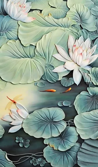 中式荷花浮雕立体高档背景墙玄关
