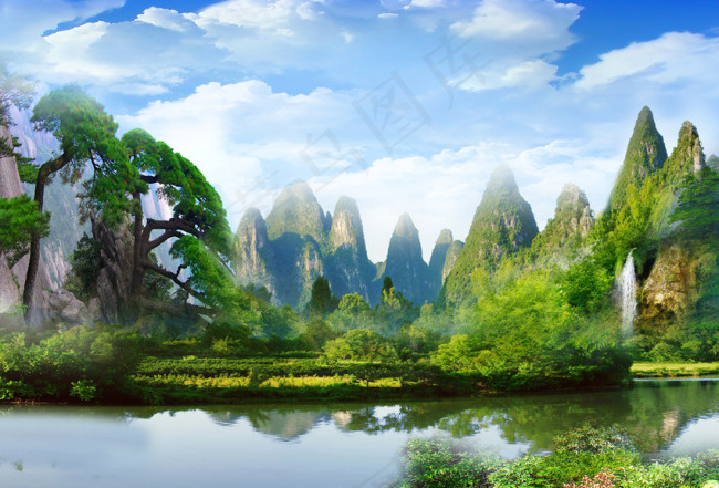 青山绿水中堂风景挂画(3307X2244(DPI:30))psd模版下载