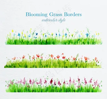 水彩草边界与盛开的花朵