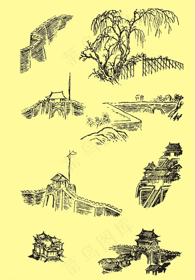 国画古代建筑图片cdr矢量模版下载