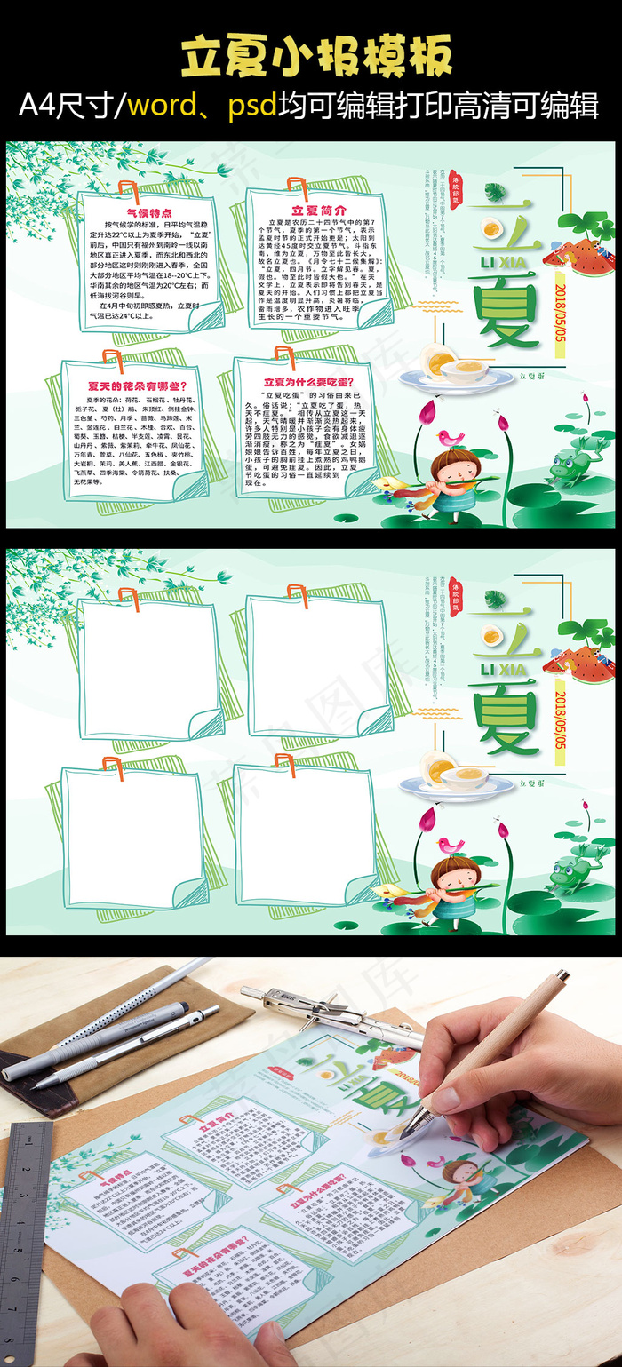 立夏传统节气绿色手抄报(4961X3508(DPI:300))psd模版下载