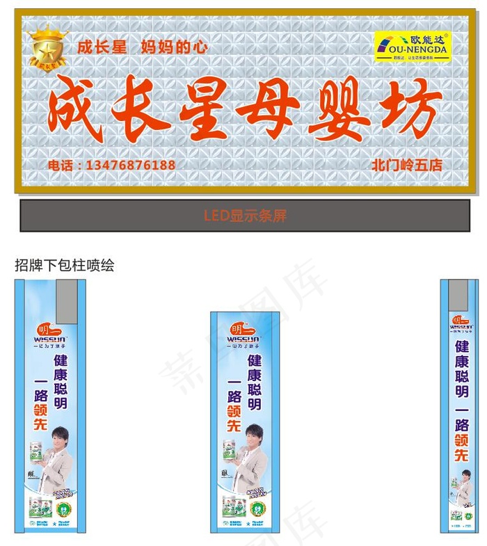 奶粉店 门头 招牌效果图 三维扣板 包柱 周华健 奶粉 明一 奶粉 奶瓶 蓝天白云 显示屏 欧能达cdr矢量模版下载