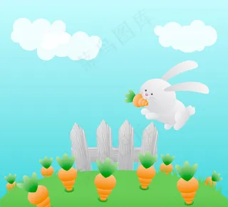 胡萝卜地里的白兔矢量素材