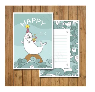 白色海狮生日祝福卡矢量